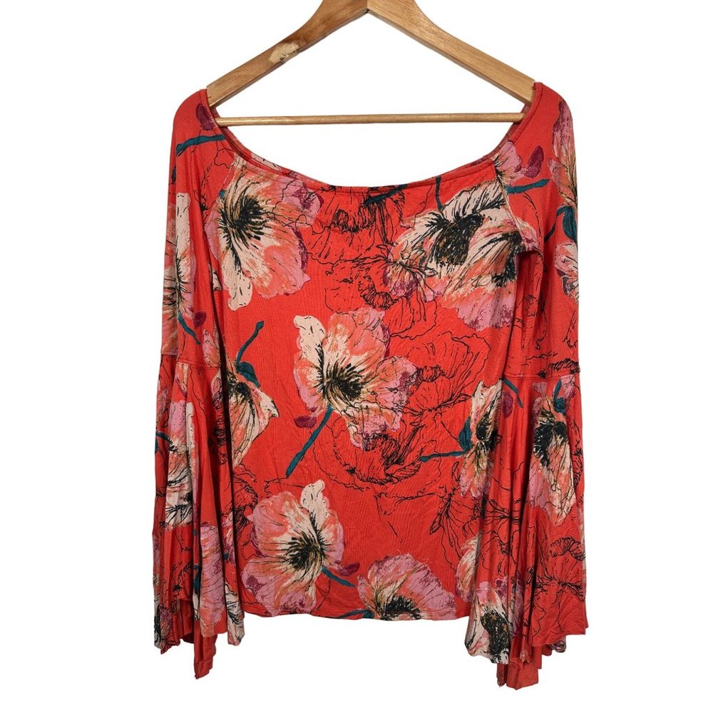 Free People Medium Blouse Top Flared Sleeves Orange Floral Stretch Boho Festival